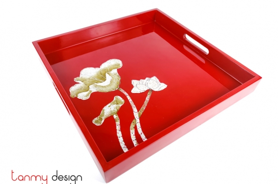 Red square lacquer tray hand-painted with lotus 35 cm